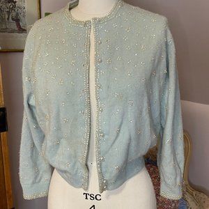 Vintage lamb's wool and angora beaded sequined pale blue cardigan sweater